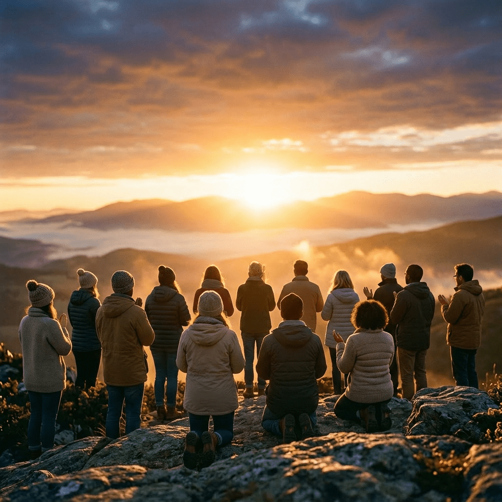 Young woman kneeling in prayer on rocky mountain during golden sunrise